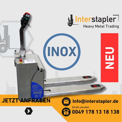 INOX Edelstahl Hubwagen Niederhubwagen BADA 13T Palettenhubwagen Elektro 1300kg alternativ Tragkraft 1600 & 2000kg verfügbar